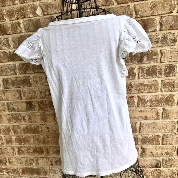 Kate Spade White Eyelet Mixed Media Tee Top Large Cotton Flutter Sleeves… - Picture 6 of 8